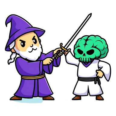 wizard and brain in a sword duel sticker