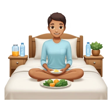 A person in the sun, with a plate of whole foods, water bottle, and glowing bed behind them. Nearby, smiling friends gather—symbolizing balance, healing, and connection through simple daily rituals. sticker