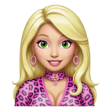 Smiling Green eyed light white skin Nicki Minaj wearing a pink leopard print outfit with blonde hair sticker