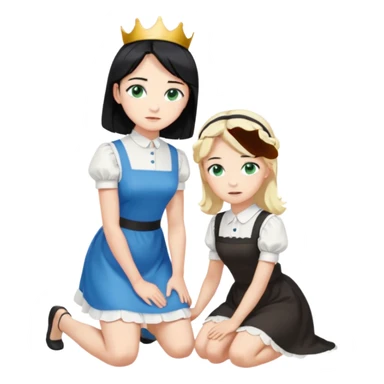 King, standig, black hair, blue eyes, garmont, and maid, blonde Hair, green eyes, white short sleveless dress, kneeling  sticker