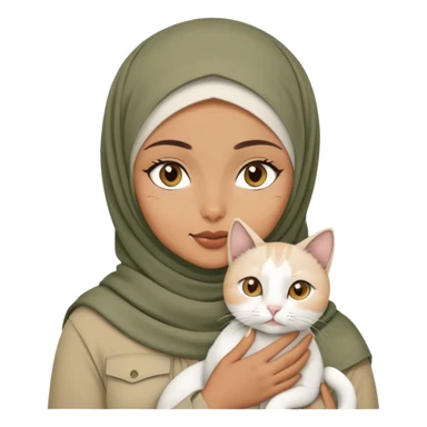 a woman with khaki colour hijab, brown eyes, holding a white cat sticker