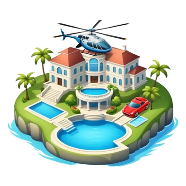 An island with big mansion with a swimming pools and fancy cars and a helicopter  sticker