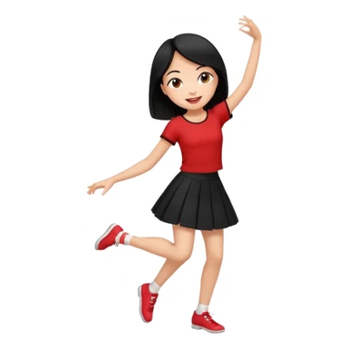 Chicas esbelta con falda corta negra y top rojo,pelo semi largo negro y lacio  super feliz,pero bailando sticker