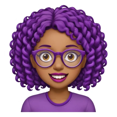 nerd emoji like with glasses showing only her 2 buck teeth but it’s a black girl with purple black curly hair face up only sticker