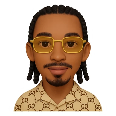 Create an emoji style smiley with a thin face, slightly lighter skin tone, beard only on the chin (no hair under the lower lip), mustache only above the upper lip, no hair under the lower lip, very detailed black braided hair as shown in the reference photos, rectangular golden sunglasses, beige top with GG pattern and visible collar, transparent background. Faithful details to the reference photos. sticker