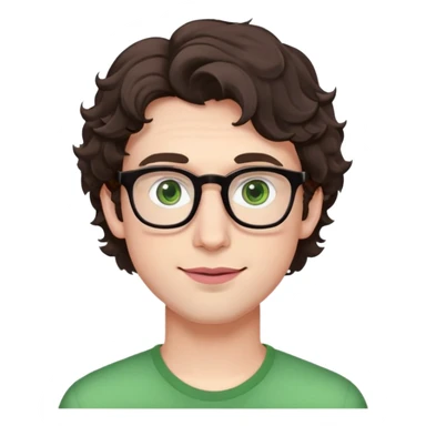 Young man with dark brown slightly wavy poofy hair (just a bit of curl, not too curly), green eyes wearing glasses, wide face with eyes set apart, bigger ears, very pale skin, slightly bigger nose, fuller darker pink lips with a smile, and very light stubble sticker