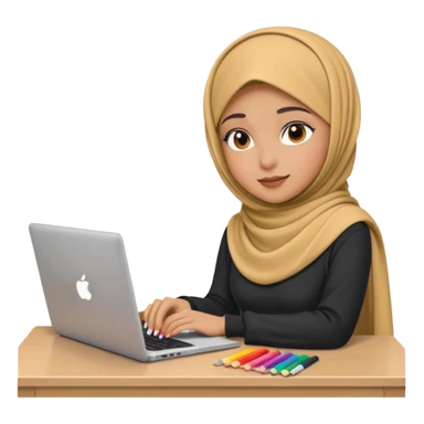 a hijab girl at a desk with a laptop and color swatches, Apple emoji style sticker