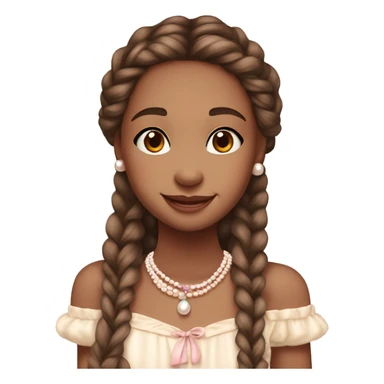 The girl, with a warm, rosy complexion, sparkling brown eyes, and a friendly smile, wears long braids adorned with blush and cream ribbons, a pastel off-the-shoulder top, a pearl necklace, and exudes warmth and vintage charm. sticker