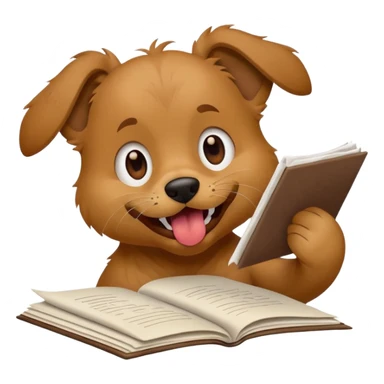 playful dog with mouth open biting into a sheet of homework, paper clearly being chewed, apple style emoji sticker