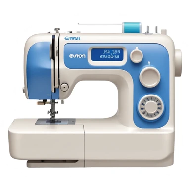 Modern Brother-style computerized sewing machine emoji, white and light gray with a blue thread spool, small LCD screen and round dial, three-quarter view, soft gradients and shadows in Apple emoji style, plain light background. sticker