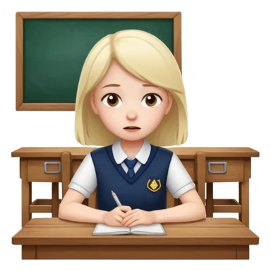 an anxious girl in school uniform sitting in front of a table  sticker