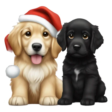 solid black fluffy puppy wearing red vest with white golden retriever puppy wearing a santa hat sticker