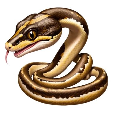 A close-up 3/4 view of the Ball Python with the front half raised slightly in an S-shape and its tongue flicking out. The head is angled curiously toward the viewer, showing both personality and motion. sticker