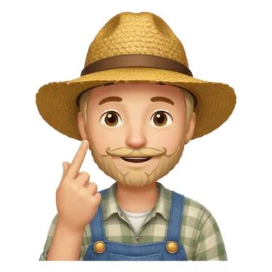 “A single emoji-style character combining 👨‍🌾😄 and 🤔: a smiling farmer man with a straw hat, friendly face, and light beard, holding one hand under his chin in a thinking gesture. His index finger rests under his face, eyes looking slightly upward as if thinking.  sticker