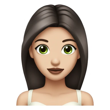 beautiful girl with high cheek bones, long straight shiny dark brown hair, big green eyes and big pale pink lips. Wearing a cream bustier sticker