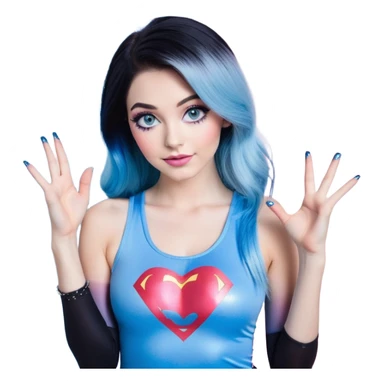 Tall-very large chest-hand heart emoji-long legs-model beautiful face-black leggings-hands making heart emoji-light-pink-lips-very long-very-straight-dark-blue-ombre-hair-and-blue-eyes-thick-black-eyeliner-thick-long-eyelashes-sky blue with glitter superman low cut tank top-silver-hoop-earrings sticker