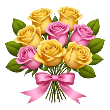 A bouquet of flowers, composed of pink and yellow roses, four blooms in total, tied with ribbon. sticker