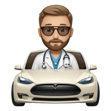 White tesla model 3 and one cool physician with dark blond hair, beard, stetoscope and dark sunglasses next to it sticker
