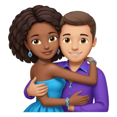 Tan brunette European male in blue shirt smiling and hugging a jet black African girl in purple strapless dress and blue jewelry sticker