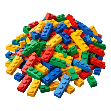 A photorealistic icon featuring a pile of colorful LEGO bricks scattered together in a messy heap. The design includes bright, detailed textures of the individual bricks, capturing the playful and creative essence of LEGO building. Transparent background, symbolizing LEGO construction. sticker