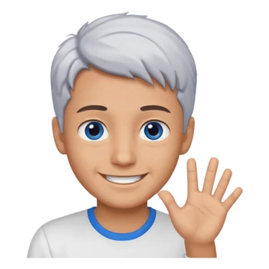 smiling boy in white shirt saying hi blue eyes and gray hair  sticker