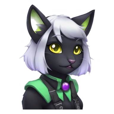 Gorgeous furry gothic dark techwear anime style anthro black cat furry sona Fakemon with blushing face yellow-green eyes with ponytail, aesthetic and pretty edgy black with violet collar and harness trending style sticker