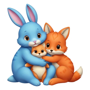 a blue bunny, a pink cat, a green turtle and an orange fox, all  hugging sticker