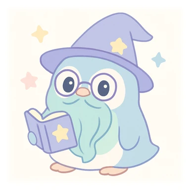 a chubby penguin wizard with glasses, a long beard, and a spellbook, looking wise and magical sticker
