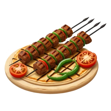 Adana kebab object icon, spicy grilled minced meat skewer, served on flatbread, grilled tomatoes and green peppers on the side, smoky char marks, juicy texture, 3D cartoon, mobile game icon style, centered, clean background, no text, no watermark
 sticker