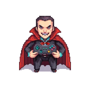 Count Dracula vampire with fangs and cape holding a gaming controller sticker