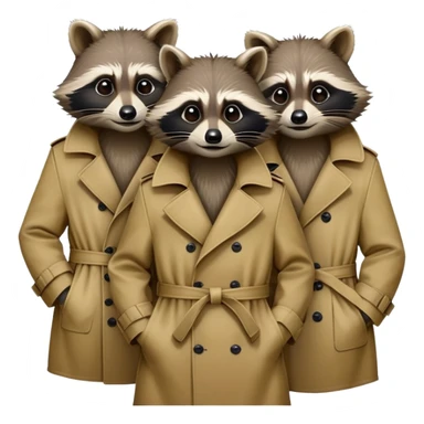 Three mischievious raccoons heads standing on top of each other pretending to be one person within single trench coat sticker