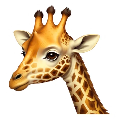 Cinematic Noble Giraffe Portrait Emoji, Poised and regal, with a towering, elegant build and a stunning, patterned Fur of warm yellows and browns, long, graceful neck and soulful, gentle eyes, Simplified yet sharp and sophisticated features, highly detailed, glowing with a soft, dignified glow, high shine, intelligent and graceful, stylized with an air of savannah majesty, focused and attentive, soft glowing outline, capturing the essence of a watchful and confident giant, so majestic it feels as though it could stretch out of the screen with effortless authority! sticker