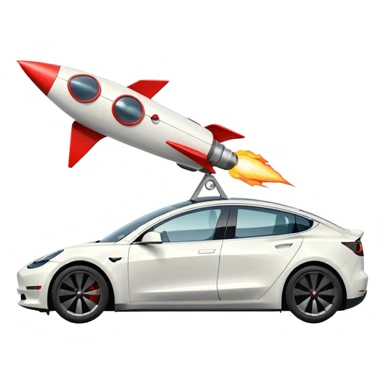 Tesla model 3 white with small rocket mounted flat on roof for extra propulsion sticker