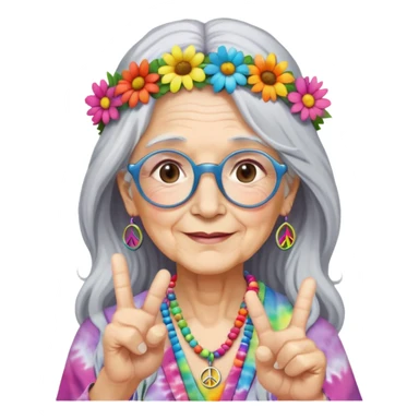 Elderly woman with long gray hair, peace sign necklace, colorful tie-dye clothing, round glasses, flower crown, hippie grandma sticker