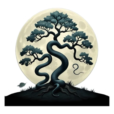 Eerie foggy full moon with tree silhouette and snake wrapped around tree sticker