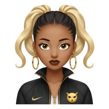 “black Emoji girl, fierce confident expression, sharp black winged eyeliner, bold brows, matte nude lips, long curled lashes, sleek high ponytail, gold hoop earrings, sporty streetwear jacket.” sticker