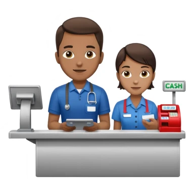 Supermarket employee at a cash register, full body, serving a man sticker