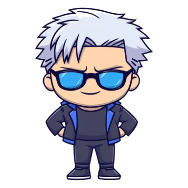 Satoru Gojo from Jujutsu Kaisen, white hair, dark sunglasses, confident smirk, blue eyes, chibi face proportions, energetic expression sticker