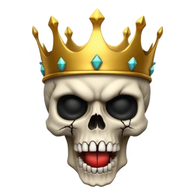 Demonic 3D skull holding its head by its hand in shock, mouth open, wearing a golden crown, dark horror vibe sticker