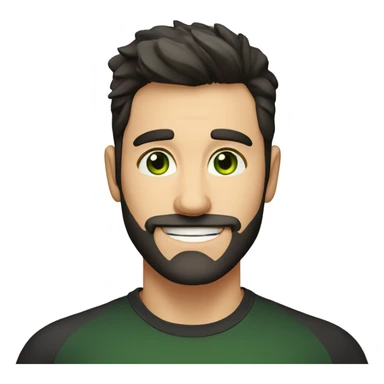Handsome man with dark hair, gradient short hair on the side, green eyes. Big smile and thin face. Black t-shirt. A little beard sticker