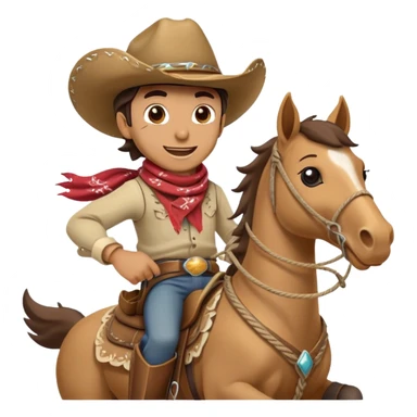 clash-of-clans-aesthetic_-cinematic-playful-cowboy-portrait-emoji, head-tilted with a roguish, cheeky grin and twinkling eyes, featuring a rugged, spirited build with a wide-brimmed cowboy hat and a rugged bandana, tan skin-tone, riding a galloping horse with reins in one hand and a lasso in the other, dust trailing behind. sticker