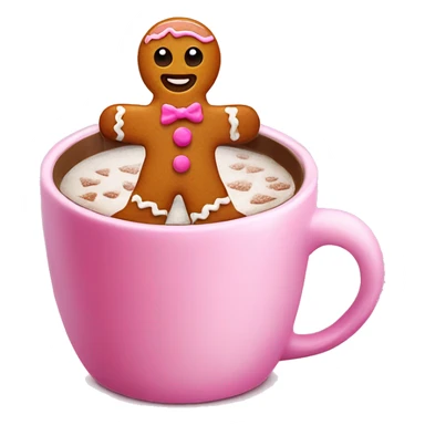 A gingerbread man inside a pink cup with hot chocolate with frosting  sticker