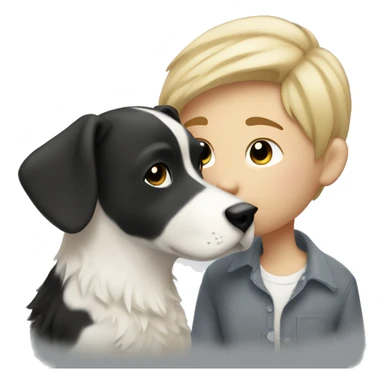 Tom boy with short blonde hair kissing a black and white dog with long hair sticker