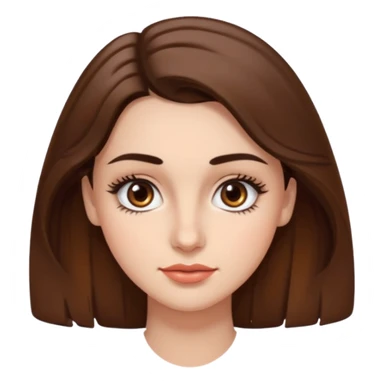 uma mulher com cabelo curto, castanho, levemente ondulados e um pouco abaixo do ombro, sobrancelhas grossas e cílios grandes. Cor da pele é branca e olhos castanhos e um pequeno sinal na bochecha direita.  sticker