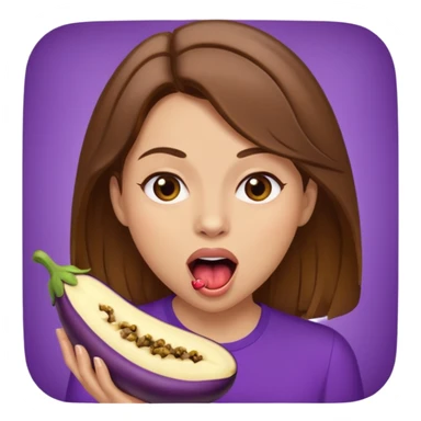 Brown hair light skin woman mouth open about to eat an eggplant sticker