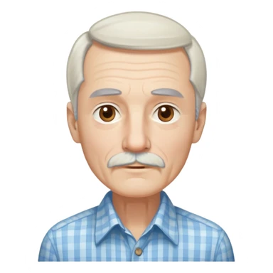 Skinny man in his 70s with fair skin. Long narrow face. Gentle light brown eyes. Fine straight white hair with light bangs, hair length extends below the ears. Thin eyebrows. White goatee connected to mustache. Slender appearance. Wearing a light blue and beige checkered button-up shirt. sticker