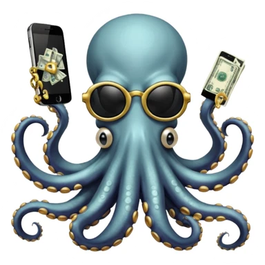 Intimidating octopus with pearl white skin, black suction cups. Wearing black mirrored sunglasses and a gold chain. 3 tentacles are holding their own cellphone with one held to the side of its face as if its on a phone call, 2 other tentacles are holding stacks of money sticker