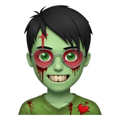 Zombie emo boy, green skin and black hair, chrome heart glasses and a scary cut open smile, scars and blood under eyes sticker