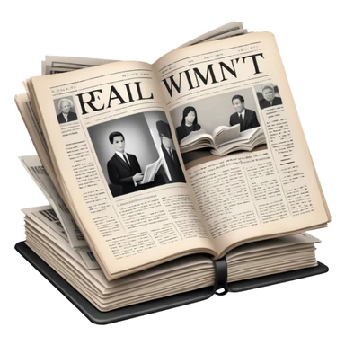 Icon for Non-Fiction & Narrative Reading: an open book with black-and-white photos on the pages, surrounded by a pile of newspaper clippings, and an open folder with top-secret documents. The icon should reflect the blend of real stories and facts in non-fiction literature. Transparent background. sticker