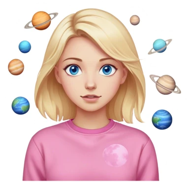 A blonde with blue eyes in a pink sweatshirt is standing, and the planets are spinning sticker